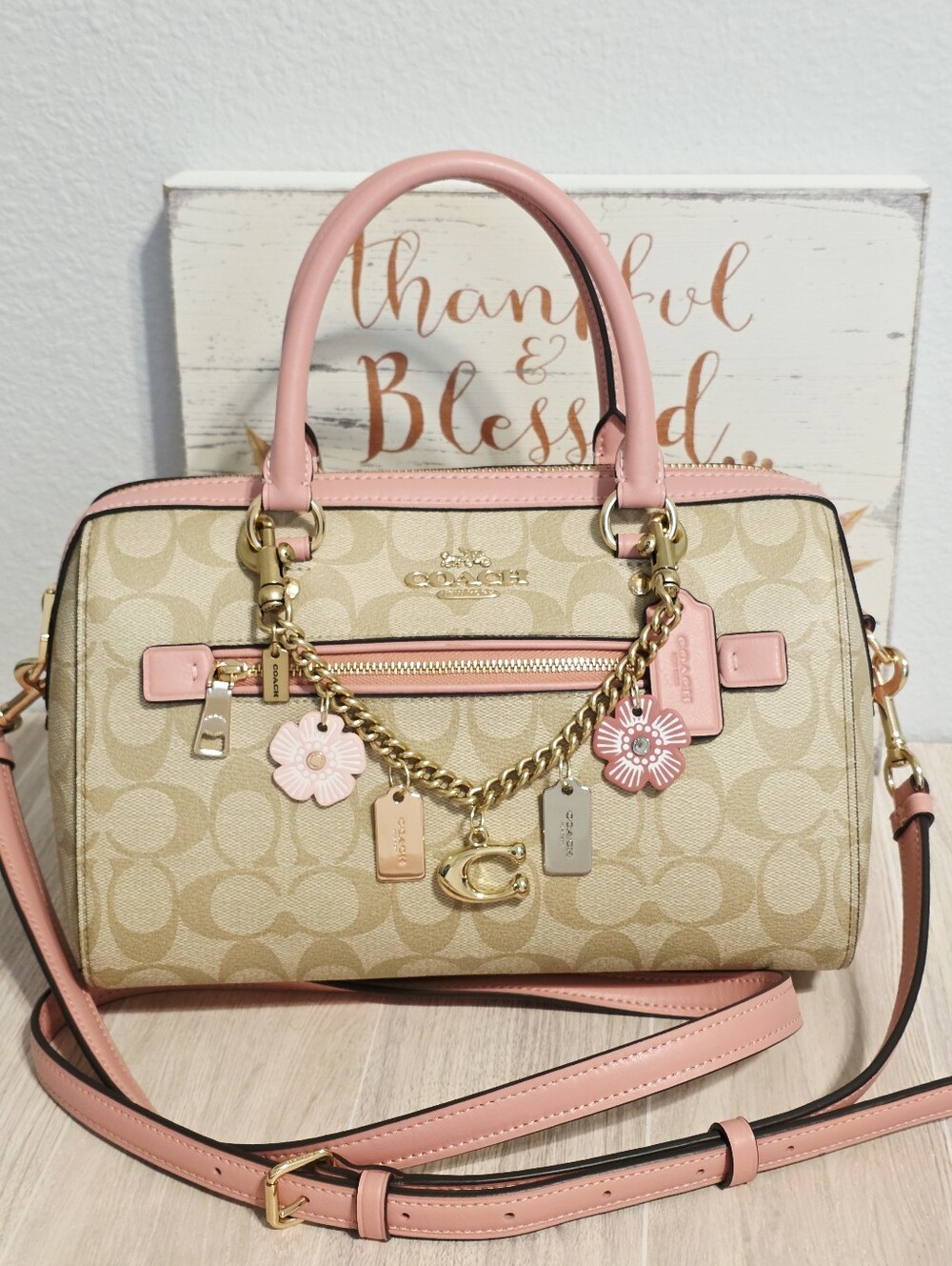 Coach Rowan Medium Satchel Light Khaki & Pink Bubblegum + Swagger Charms Chain